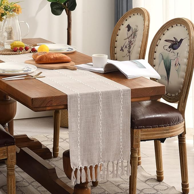 Wracra Rustic Linen Table Runner, Light Coffee Table Runners 90 inches Long | - Image 7