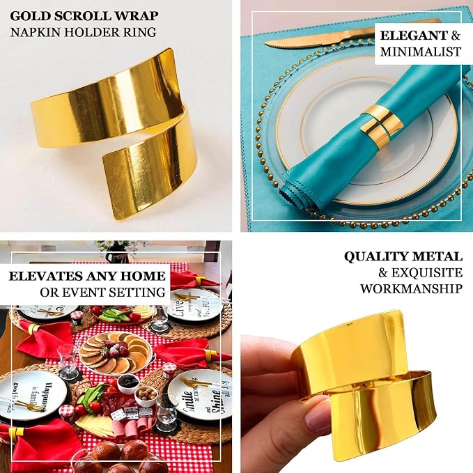 Efavormart 4 Pack | Shiny Gold Metal Scroll Wrap Cuff Band Napkin Rings - Image 4