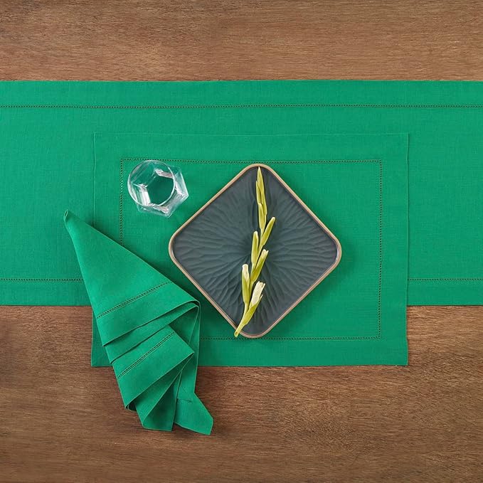 Solino Home Linen Emerald Green Hemstitch Table Runner 48 Inches - 100% Pure Linen Small Table Runner 14 x 48 Inch Ideal for Dresser and Coffee Tables - Classic Hemstitch - St Patricks Day