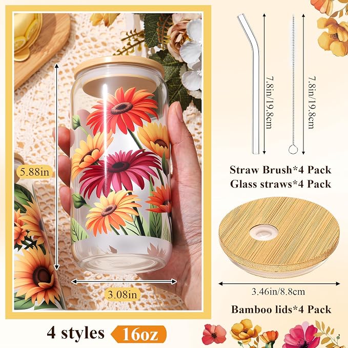 Mumufy 4 Pack Wildflower Glass Cups Gift Aesthetic Cute Glass Cup Tumbler - Image 2