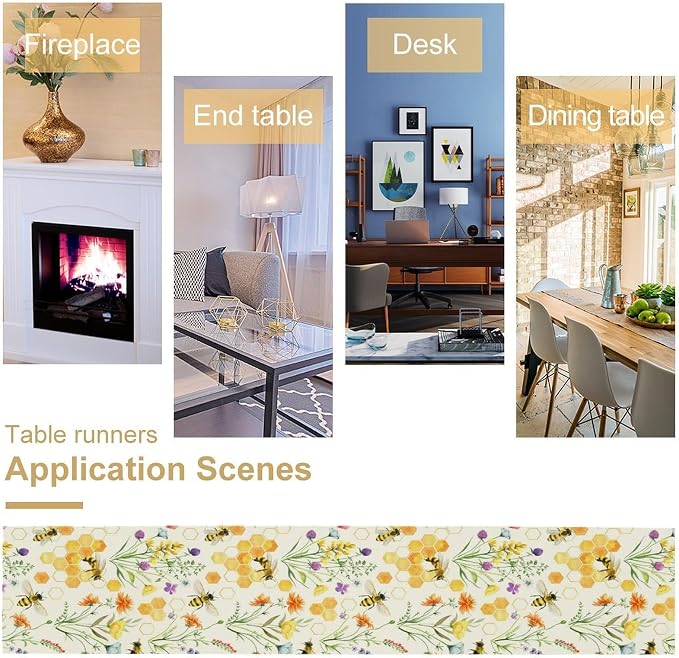 Summer Bee Table Runner, Seasonal Spring Wildflowers Bee Yellow Honeycombs - Image 4