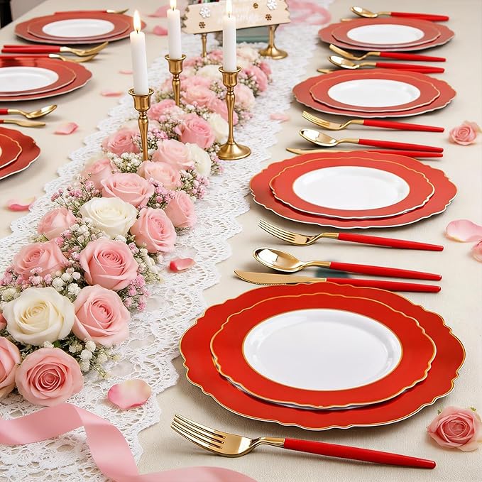 WDF 60pcs Red Valentines Plates Disposable - 7.5inch Heavy Duty Red Dessert/Salad/Cake Plates for Valentine's Day