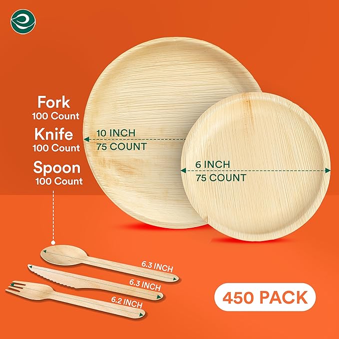 ECO SOUL 100% Compostable Palm Leaf Dinnerware Set For 75 Guests [10", 6" Round plates 75 Count each | Fork, Knife, Spoon,100 Count each] | Biodegradable Disposable Utensils for Wedding, Parties & BBQ
