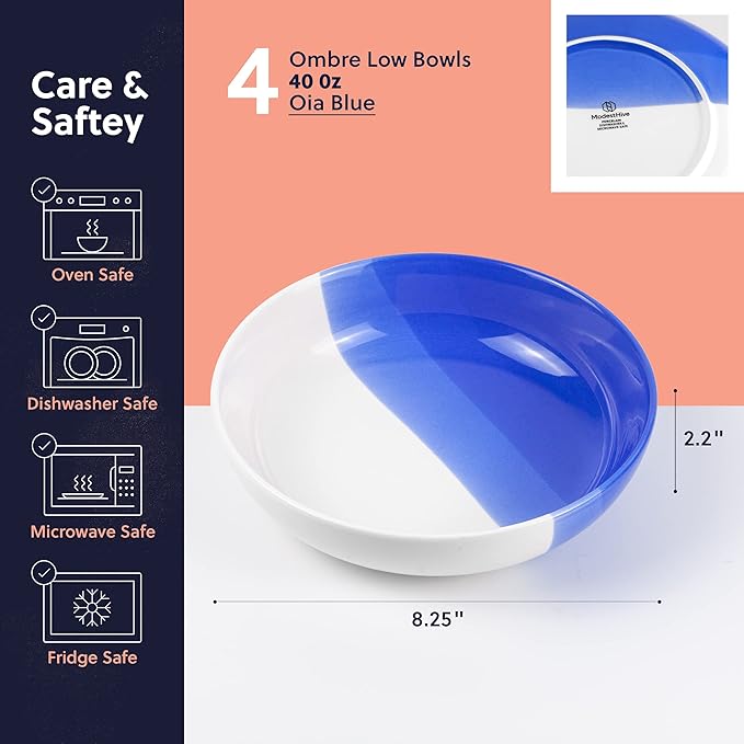 Ombre Porcelain Pasta Bowls, Ceramic Serving Bowls, Low Salad Bowls Set of 4-40 oz - Oia Blue - Ombre Dinnerware Collection