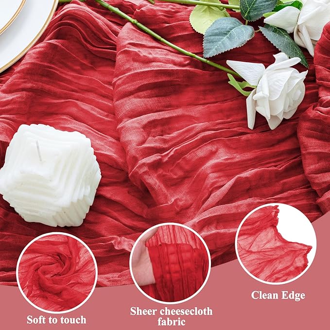 Cheesecloth Table Runner 10FT 4Pcs Red Boho Gauze Sheer Runners | Cheese Cloth - Image 3