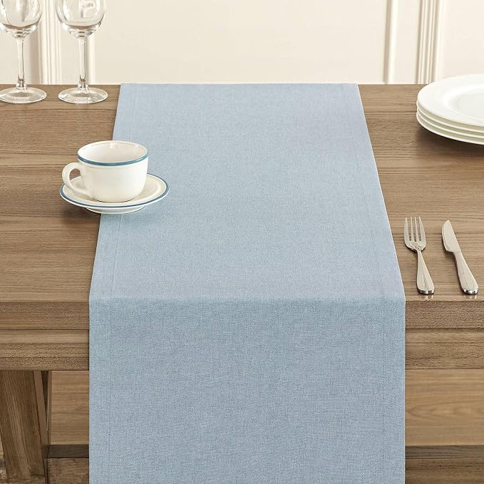 Basic Linen Style Table Runner, 14x48 Inch Chambray Blue | Mitered Corner Design - Image 5