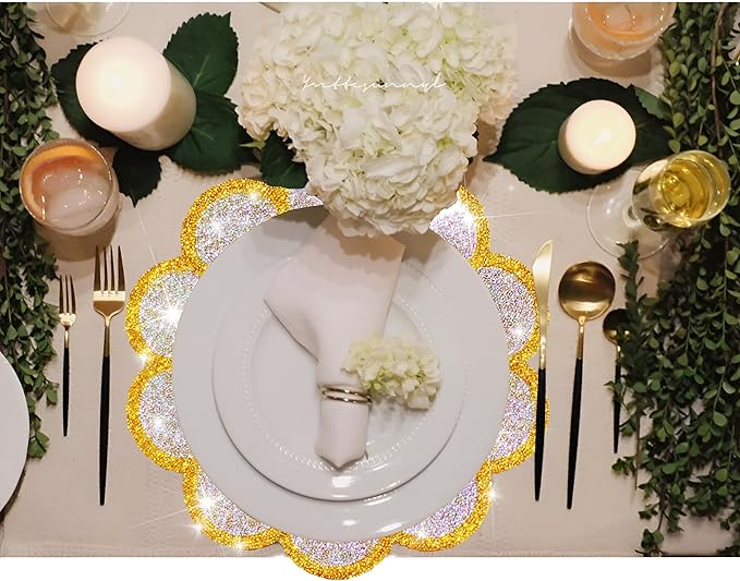 Washable Waterproof Diamond Circle Placemats for Round Tablescape Decor for Dinner and Kitchen Bling Placemats for Weddings & Special Events-4 PCS (Yellow)