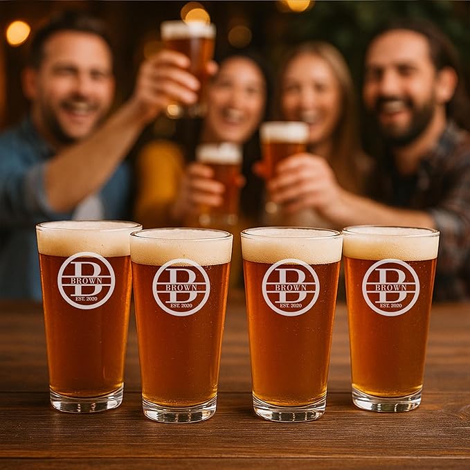 Personalized Glass Set of 4 - Custom Engraved Drinking Pint Glasses - Great Gifts for Men, Women, Family - For Valentine's, Anniversary, Housewarming, Christmas (Pint [x4])