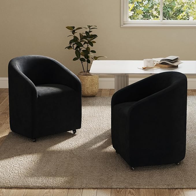 Modern Barrel Dining Chairs with Rolling Casters Set of 6, Upholstered Velvet Swivel Dining Room Chairs with Wheels for Kitchen Living Room Home Office, Black