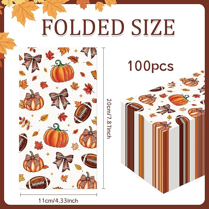 Fall Football Pumpkin Napkin - 100 Pcs Maple Leaves Pumpkin Rugby Decorative Cocktail Napkins Set, Autumn Sports Game Day Disposable Paper Hand Towels, Thanksgiving Party Decorations Supplies