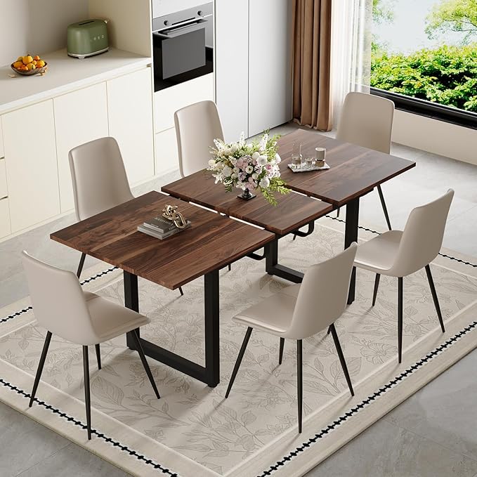 Extendable Dining Table Set for 6, 55"–71" Modern Wood Kitchen Table with 6 Upholstered Chairs, Space-Saving for Living Room Apartment, Sturdy & Comfortable, Easy Assembly