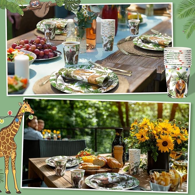 Pickmesh 250 Pcs Jungle Birthday Disposable Tableware Set Safari Animals Themed Disposable Paper Plates Napkins and Cups for Wild Animals Zoo Safari Baby Shower Birthday Wedding Party Supplies