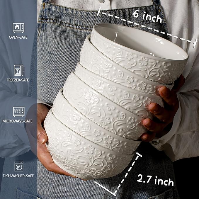Artena Ceramic Cereal Bowls 26 OZ, Embossment Soup Bowls for Kitchen, Rice, Pasta, Salad, Breakfast, Lunch, Dinner - 6 Inch, Set of 6, White, Dishwasher & Microwave Safe, Flower