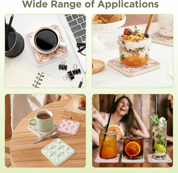 Coasters Set of 4, Square Drink Coasters Absorbent Heat Resistant Diatomite Coaster Cup Mats Vintage Home Decor for Coffee Table Desktop Protection (A, 3.9" x 3.9", 4pcs)