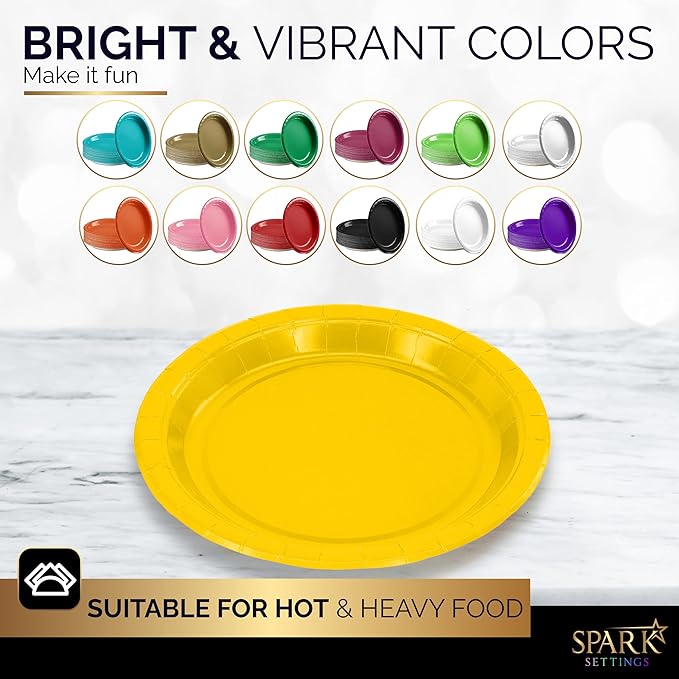 Disposable Paper Plates Yellow, 7 Inch Paper Dessert Plates, Strong and Sturdy Disposable Plate for Party, Dinner, Holiday, Picnic, or Travel Party Plate, Pack of 50
