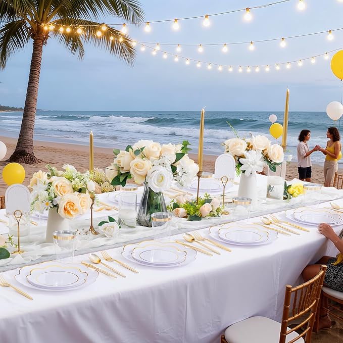 EI 180pcs White Plastic Plates with Gold Plastic Silverware,Heavy-Duty Disposable Plates for Party,White Dinnerware Set for 30 Guest Wedding,Afternoon Tea,Spring,Mother's/Valentine's Day