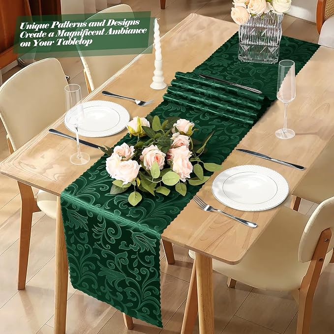 MILVOWOC Emerald Green Satin Table Runner, 12 Pack, 12 x 72 Inch | Jacquard - Image 2