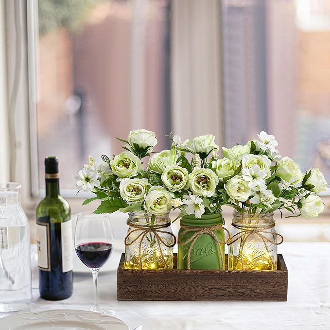 3 Pcs Mason Jar Centerpiece Table Decorations for Dining Farmhouse Coffee Table Decor with Wood Tray and Led Light Table Centerpieces for Dining room Kitchen Living Bathroom,Green