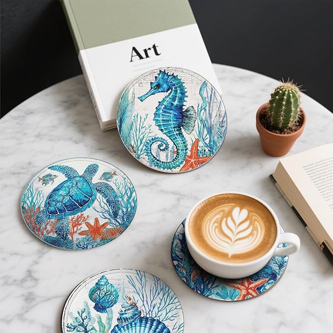 Sea Coasters Leather Round Drink Coasters 6 Pcs Set with Holderor for Cup Drink Coffee Table Bar Home Decor