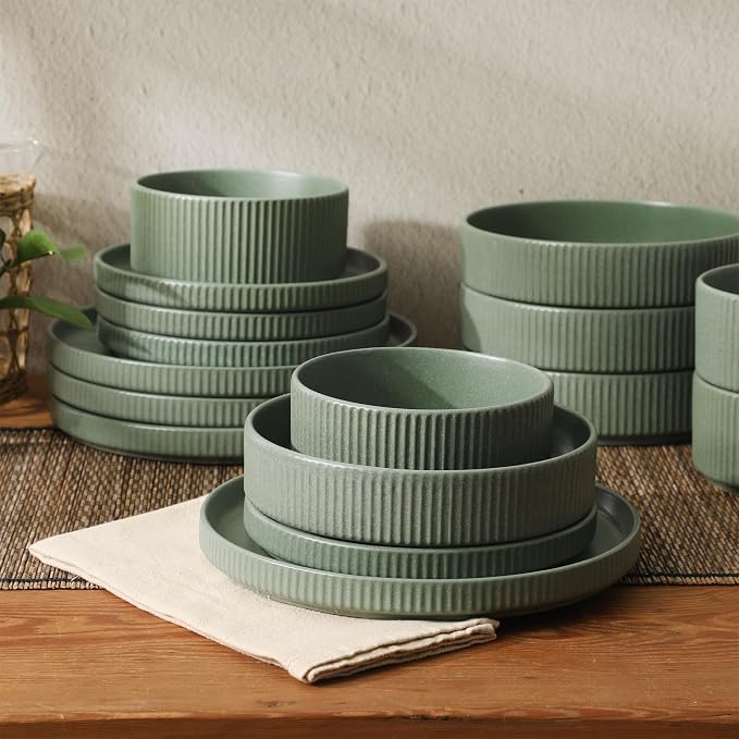 Gibson Elite Deerfield 16-Piece Stoneware Dinnerware Set – Matte Green - Image 6