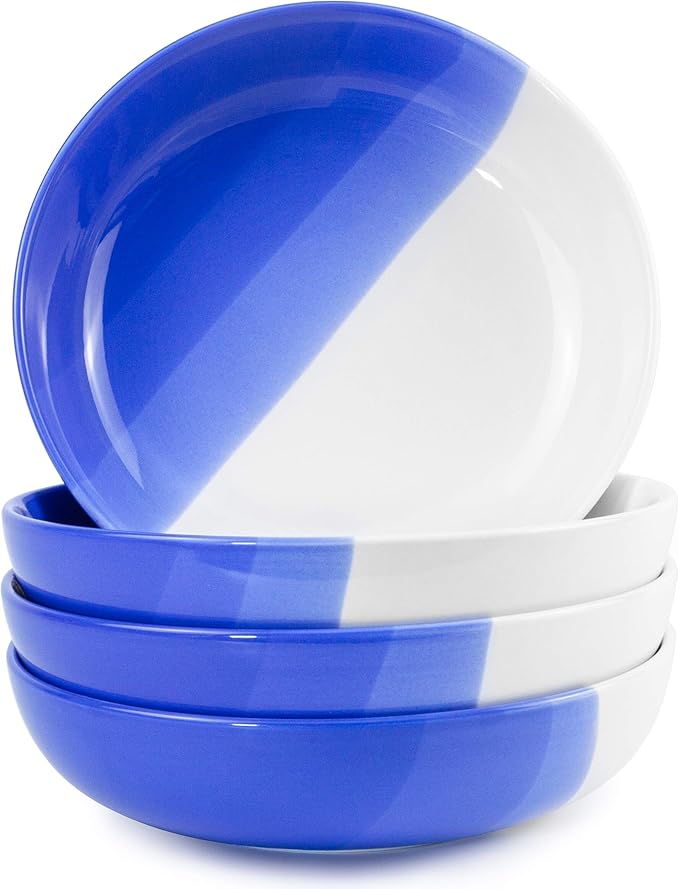 Ombre Porcelain Pasta Bowls, Ceramic Serving Bowls, Low Salad Bowls Set of 4-40 oz - Oia Blue - Ombre Dinnerware Collection