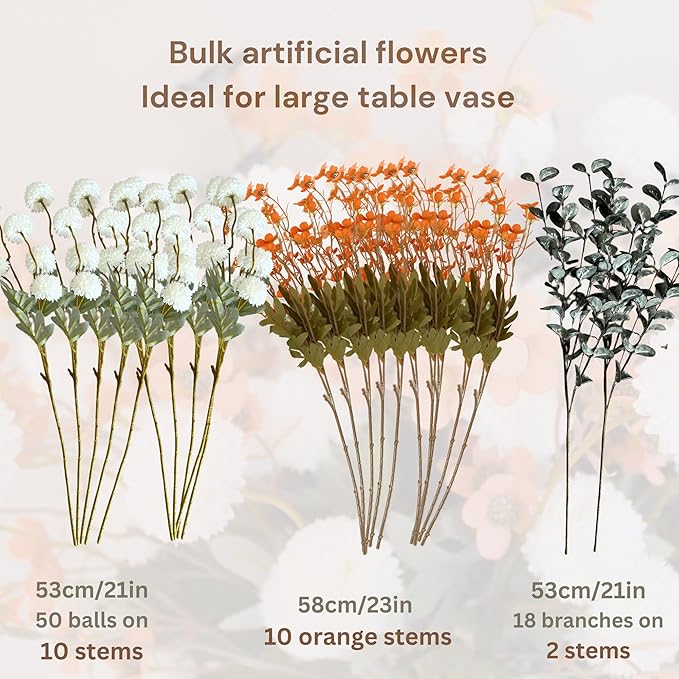 RyddeligHome Artificial White Kiku & Orange Wax Flowers, 22 Long Stems Bulk Silk Flowers for Vases, Spring Floral Stems Arrangements for Home Decor, Centerpieces for Tables, Rustic Decorations