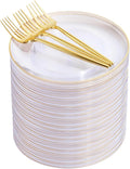 Rubtlamp 200Pcs Clear Gold Dessert Plates With Plastic Gold Forks, 100pcs 7.5inch Plates For Appetizers,100pcs 7.8inch Premium Forks Disposable, Cake Platos Disposable for Wedding
