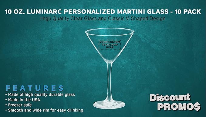 Custom Martini Glasses by ARC 10 oz. Set of 10, Personalized Bulk Pack - Perfect for Hotel, Bar, Restaurant or Lounge - Clear