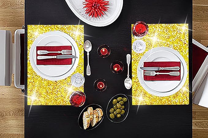 Gold Placemats Gold Heat Resistant Mat Square Placemats Trivets Rhinestone Decor Place Mat Crushed Diamond Decor Bling Sparkly Mat Set of 2