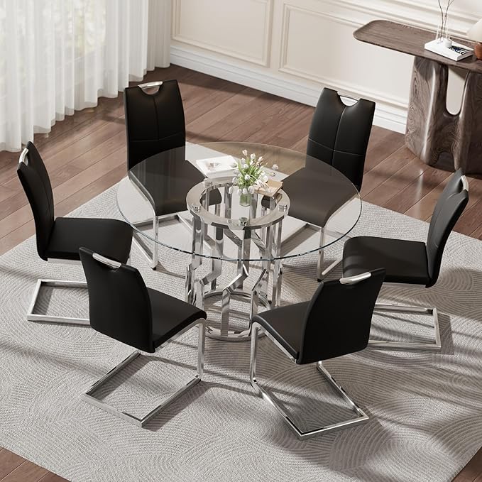 47.2" Round Glass Dining Table Set for 6, Modern 7 Piece Kitchen Table Set with Silver Stainless Steel Base & 6 PU Leather Accent Chairs, Saving Space, Dining Set for Apartment, Home - Black Chair