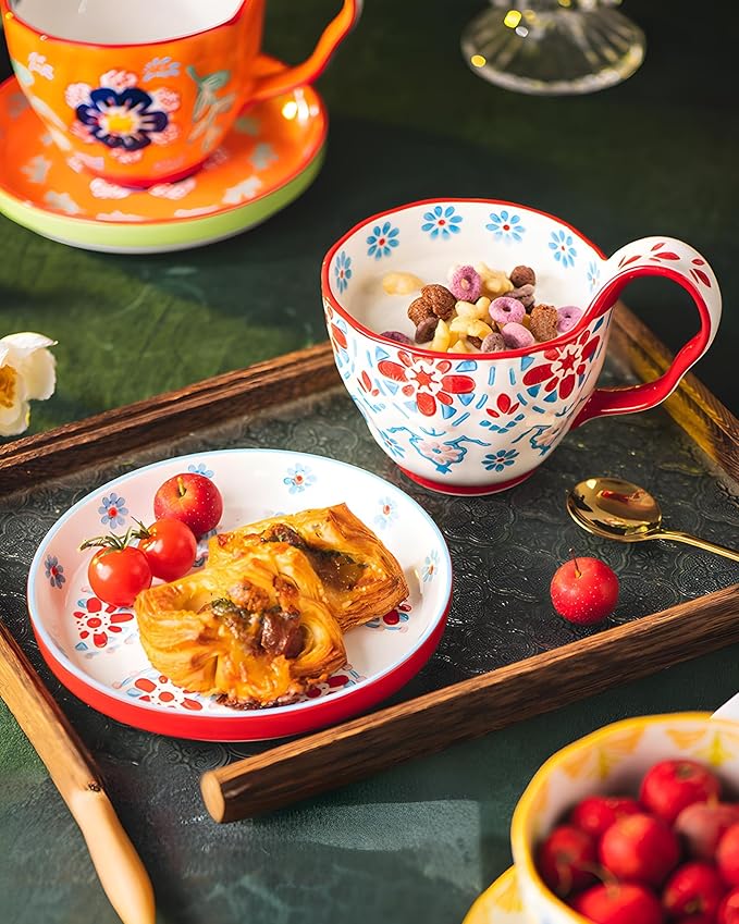 25oz Ceramic Soup Bowl with Handle – Handcrafted Floral Pottery Cereal & Ramen Bowl – Large Microwave & Dishwasher Safe Decorative Bowl for Everyday Use or Gift (Amalfi Bloom, 20oz)