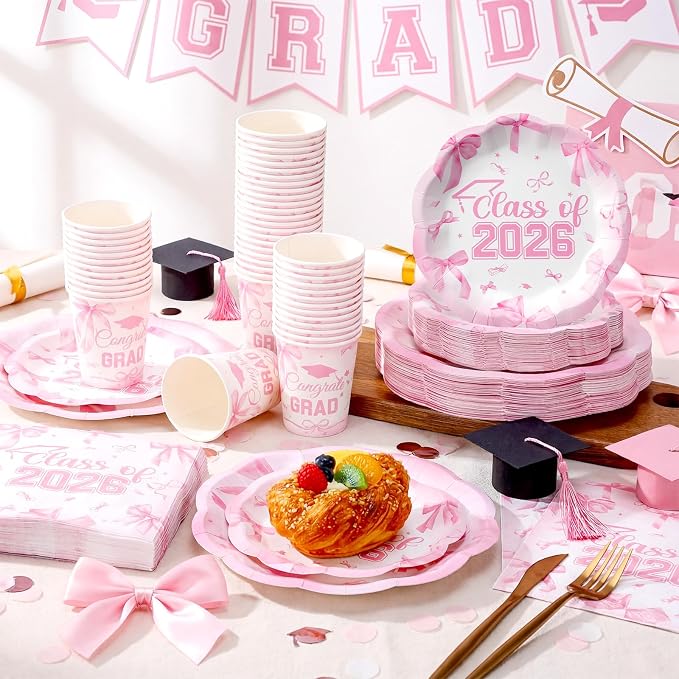 250 Pcs Pink Bow Graduation Disposable Paper Plate Napkins | Congrats Grad - Image 4