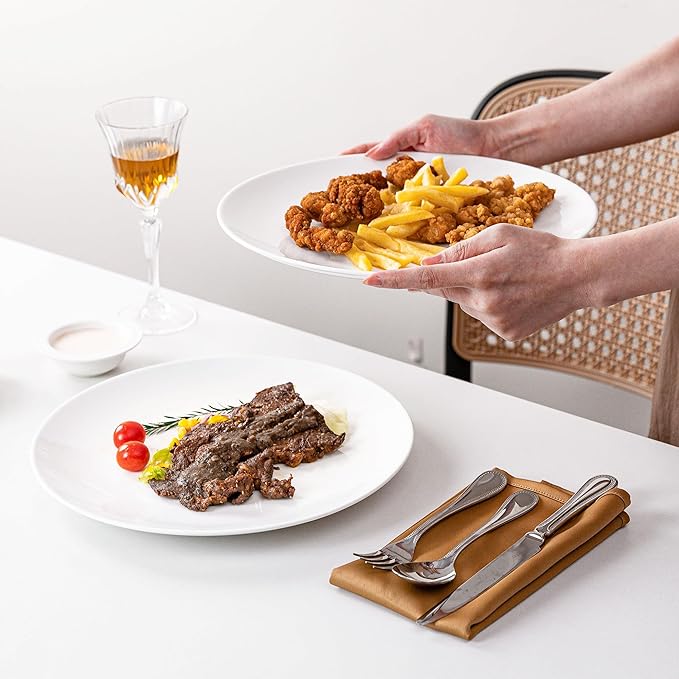 White Dinner Plates Set of 4, Extra Large 12 Inch Dinner Plates, Oversized Ceramic Plates for Main Dishes, Microwave and Dishwasher Safe, 30.7Cm