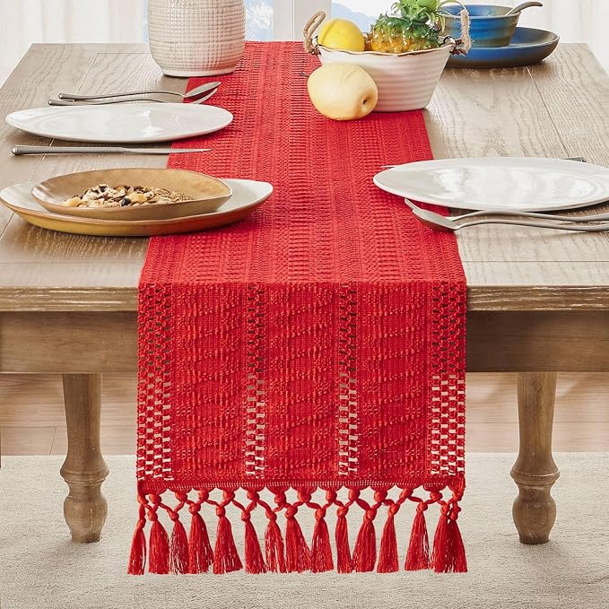 Macrame Style Boho Table Runner, 12x108 Inch Red | Woven Boho Table Runner - Image 2