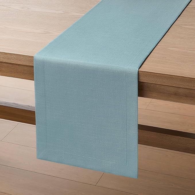Linen Textured Border Table Runner, 14 x 60 Inch Blue | Mitered Corner Design - Image 7
