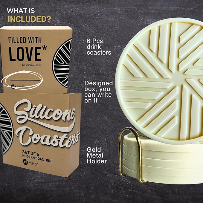 Silicone Coasters for Drinks, Set of 6 with Gold Holder and Modern Smart Pattern, Protection for Coffee Table, Living Room, Kitchen, Office, bar Decor