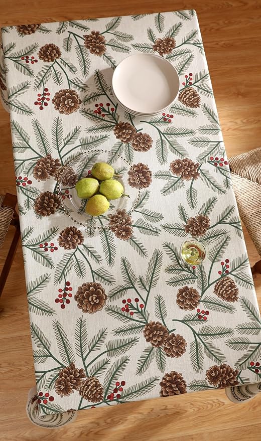 ISAENNE Designer Christmas Beige Linen Extra Long Tablecloth Rectangle,Pinecones Pattern Indoor Table Cloths,Washable Decor Tablecloths for Dining Thanksgiving Kitchen,67"*118"-Carol B