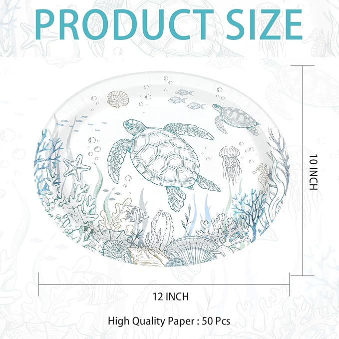50 Pcs Coastal Turtle Oval Paper Plates 10" x 12" Large Heavy Duty Disposable Ocean Green Sea Turtles Plates Coral Starfish Platters for Coastal Summer Birthday Picnic Party Decorations