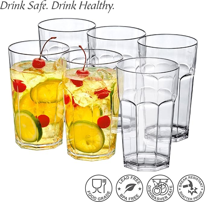 Amazing Abby - Affinity - 20-Ounce Plastic Tumblers (Set of 6), Clear Reusable Plastic Cups, Stackable, BPA-Free, Shatter-Proof, Dishwasher-Safe