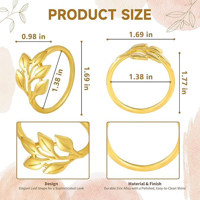 Gold Napkin Rings Set of 12, Shiny Zinc Alloy, Durable Polished Leaf Shaped Napkin Rings Fits Any Beautiful Table Decor for Christmas, Wedding, Party, Gift Idea for Elegant Table Settings