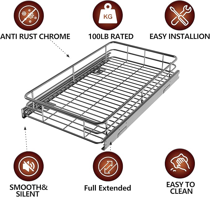 Sliding Cabinet Organizer Pull Out Shelves (11" W x 21" D), Heavy-Duty Slide Out Shelf, Steel Metal Cabinet Roll Out Shelves for Kitchen Bathroom, Chrome