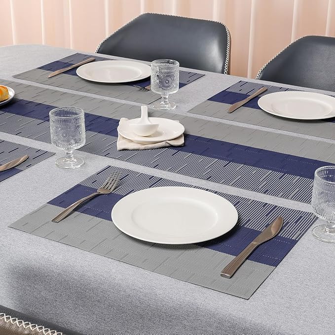Placemats Set of 6, Vinyl Woven Place Mats Indoor Set of 6 Washable Wipeable PVC Table Mats Heat-Resistant Non Slip Plastic Placemat for Kitchen Dining Outdoor Table (Blue Gray, Set of 6)