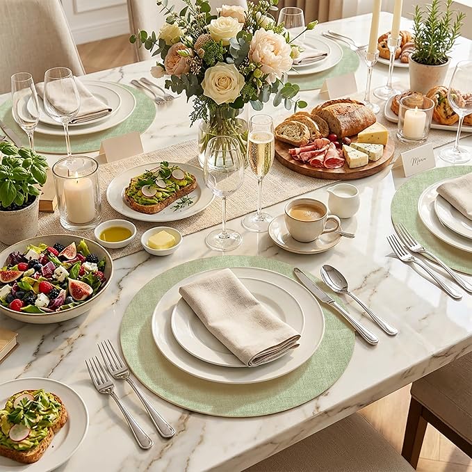 15 inch Faux Leather Round Placemats Set of 4 Non-Slip Washable Wipeable Table Mats, Heat Resistant Waterproof Oilproof Sage Green Place Mats for Kitchen, Dining, Party, Indoor, Outdoor