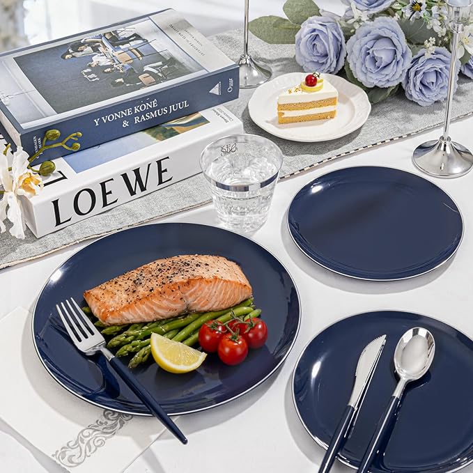 KIRE 175Pcs Blue Plastic Plates with Silver Rim & Disposable Silverware with Blue Handle & Silver-rim Cups & Hand Napkin & Plastic Dinnerware for Parties/Wedding