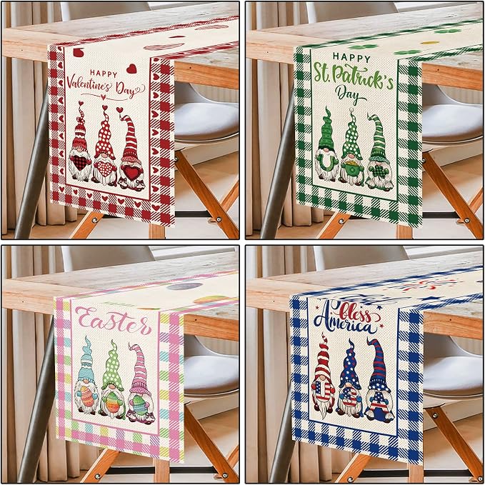 8 Pcs Gnomes Holiday Table Runner 72 Inches Long, Plaid Valentines Day St - Image 3
