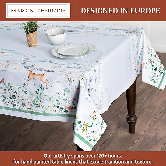 Maison d' Hermine Table Cloth Rectangle Table 100% Cotton 70 x 120 Inches Fall Tablecloth Reusable Everyday Use for Thanksgiving Christmas Decorations Dining Farmhouse Party (Snowy World)