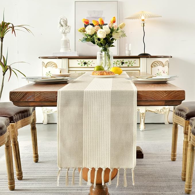 Wracra Linen Table Runner, Stripe Table Runners 48 Inches Long Light Coffee | - Image 4