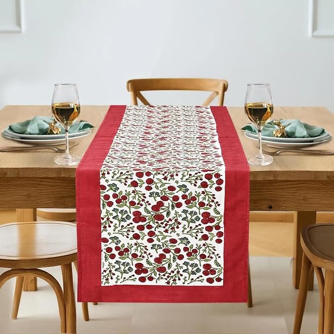 Garnet Red Hand Block Print 100% Cotton Reusable Table Runner 16" X 106" Inches by Ridhi