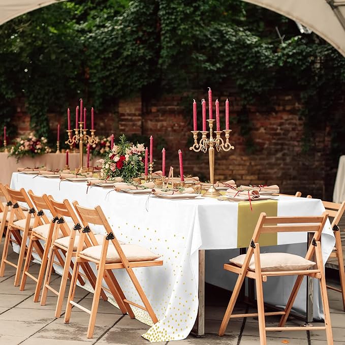 24Pack Disposable Plastic Tablecloths and Satin Table Runner Set White and Gold - Image 6