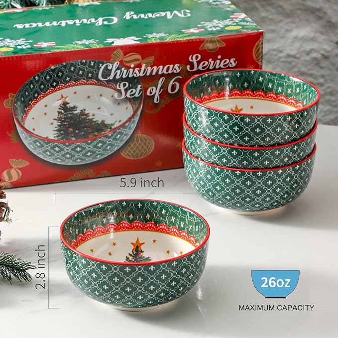 HASENSE 26 OZ Cereal Bowls Set of 6, Christmas Soup Bowls for Kitchen, 6 Inch Ceramic Bowls Microwave and Dishwasher Safe for Rice, Oatmeal, Noodle, Ramen, Salad, Fruit and Pasta, Colorful